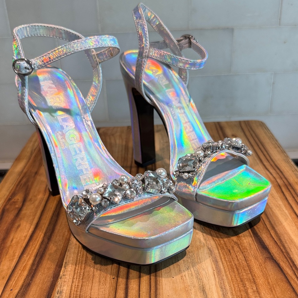 Karl Lagerfeld Holographic Jeweled Platform Sandals - Silver